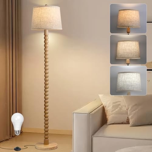 Real Wood Floor Lamp with Linen Shade, 3-Color Bulb