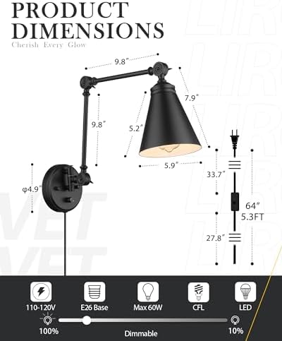 LIROUVET Black Swing Arm Wall Sconces, Set of Two