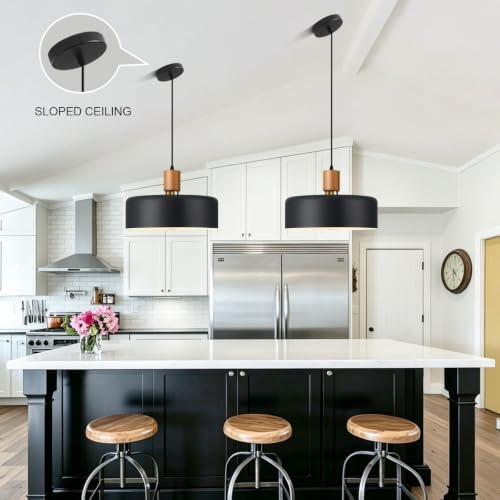 15.8" Black Pendant Light, Walnut Oak Wood and Brass