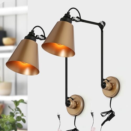 LOG BARN Modern Gold Swing Arm Wall Sconces, Set of 2