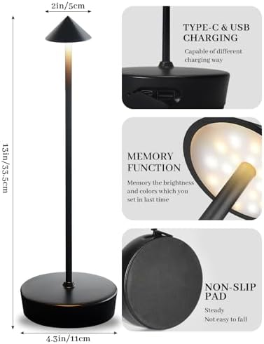 Black Cordless Rechargeable Table Lamp, 7200mAh