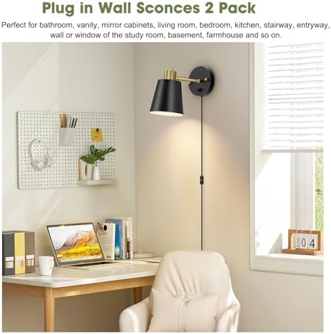 Lomoky Black Plug-in Wall Sconces, Set of 2
