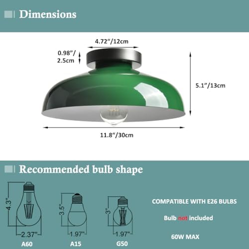 DIRYZON Industrial Green Semi Flush Mount Ceiling Light, 12-Inch