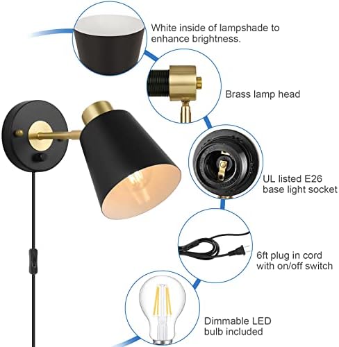 VATONI Dimmable Plug-in Wall Sconce, 2 Bulbs Included