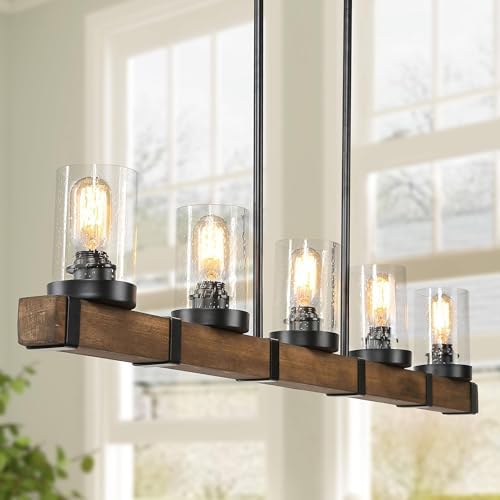 LALUZ 5-Light Kitchen Island Lighting, Farmhouse Wood Linear Dining