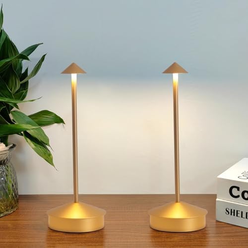 2 Pack Aluminum Cordless Table Lamps, 6000mAh, Gold