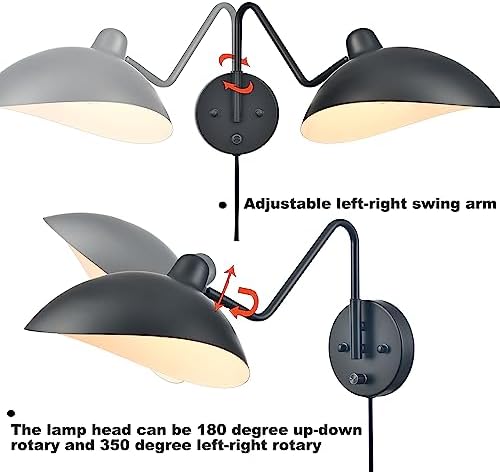 Black Plug in Wall Light with On/Off Switch Set of 2 Swing Arm