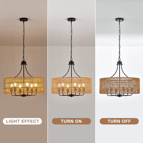 21.8" Large Black Rattan Chandelier, 6-Light