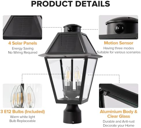 LUTEC Solar Outdoor Lamp Post Light, Motion Sensor, Black