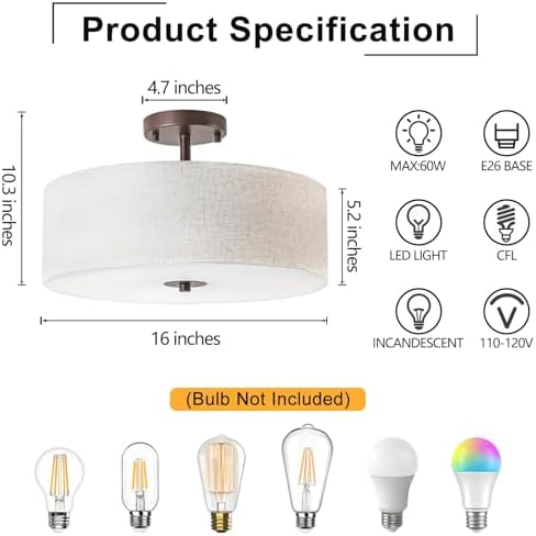 Bargeni Semi Flush Mount Ceiling Light, 16", Bronze