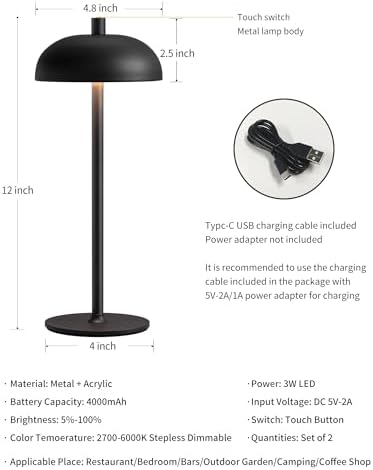 12" Cordless Table Lamps Set of 2, Black