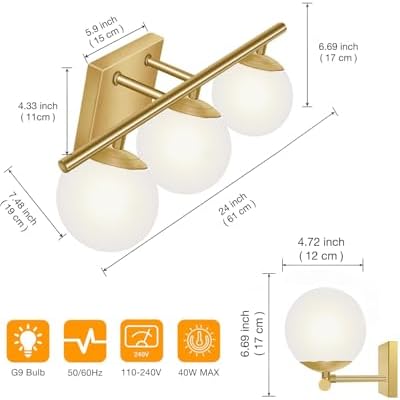 Brushed Brass Bathroom Vanity Light fixtures,24‘’ 3 Lights Modern
