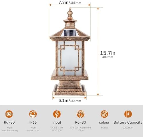 LED Solar Post Light, 15.7" X 7.3", Dimmable