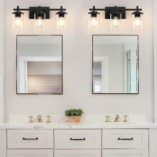3-Light Black Bathroom Vanity Light with Clear Glass Shade