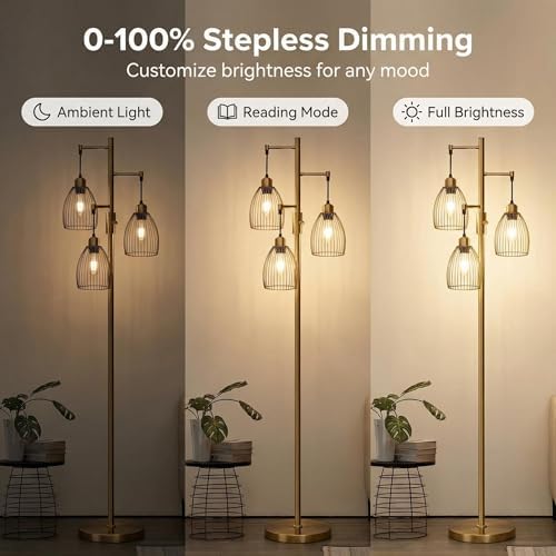 Dimmable Antique Brass Floor Lamp, 3-Light