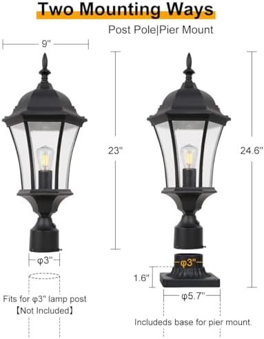 24 Inch Large Dusk to Dawn Outdoor Post Lights Aluminum Black Exterior
