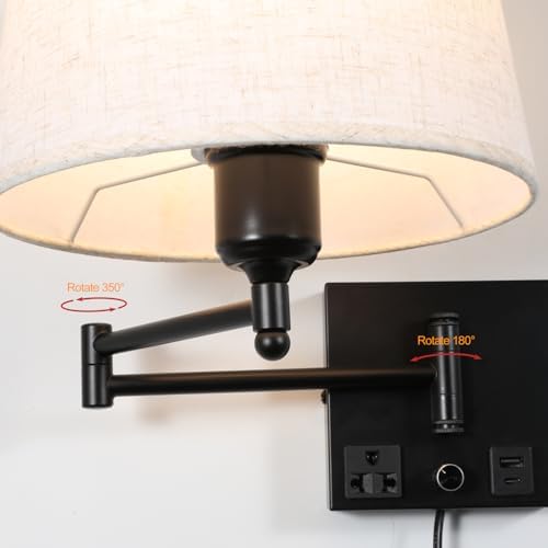 Swing Arm Wall Sconce with Linen Shade and USB Charging Ports