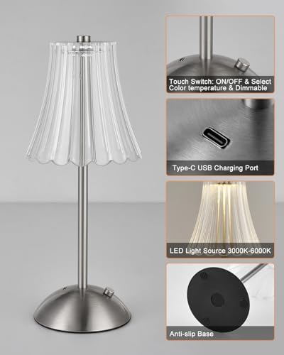 Satin Nickel Rechargeable Cordless Touch Table Lamp, 3 Colors