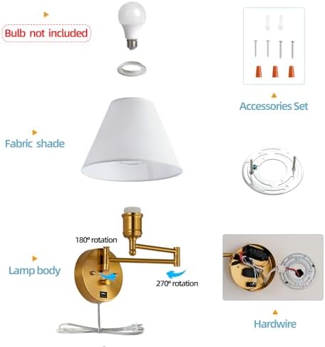 Swing Arm Plug-in Wall Sconce with White Fabric Shade, USB Port