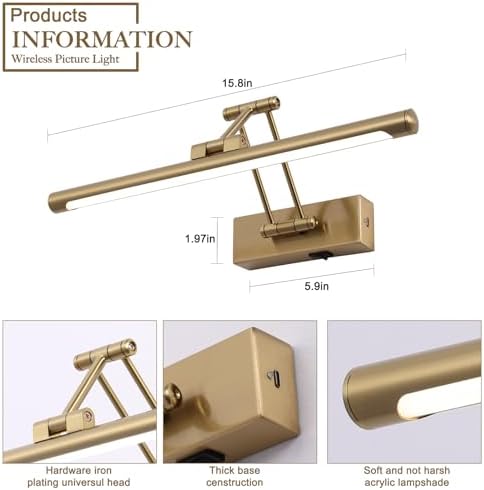 Rechargeable Battery Picture Light, Brass, 16”