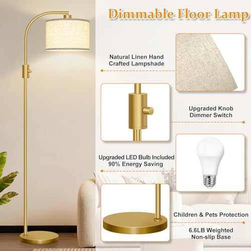 Nintiue Arc Floor Lamp, Dimmable, Gold