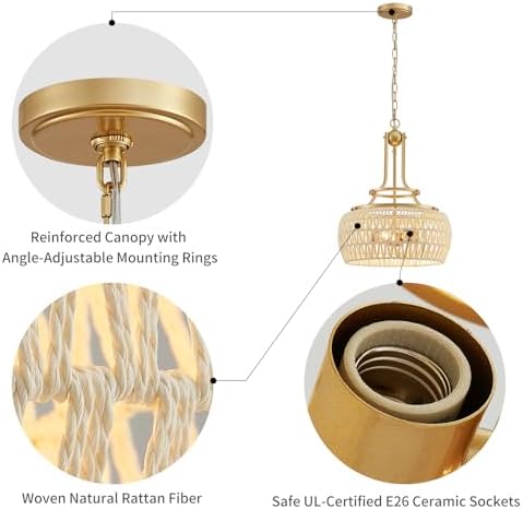 WUZUPS Gold Rattan Pendant Light 19.6 x 15.9 in