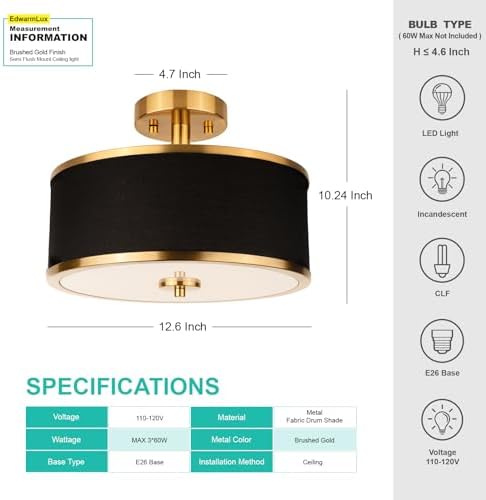 Edwarmlux 3-Light 12.6" Gold Semi Flush Mount Ceiling Light