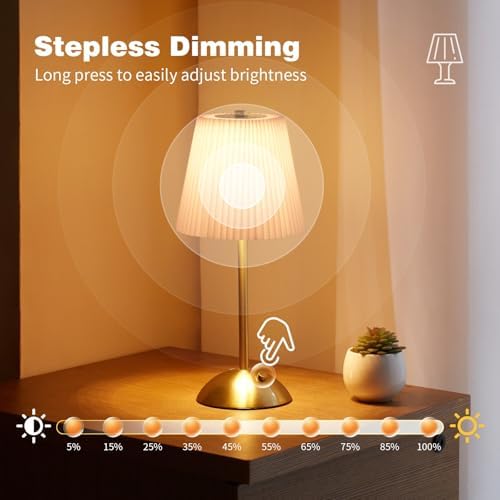 Rechargeable Cordless Table Lamp, 3-Color Dimmable, Beige Shade