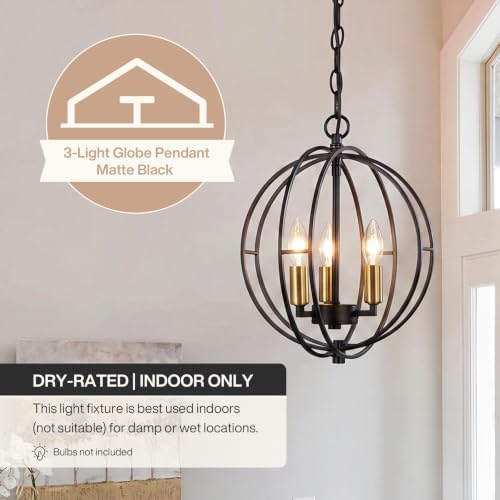 3-Light Farmhouse Chandelier, Black Metal Globe Pendant Light