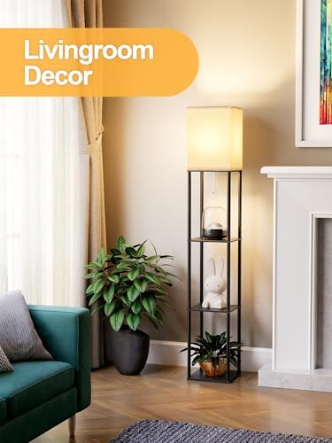Floor Lamp with Shelves, 3 CCT LED Bulb, White Linen Shade