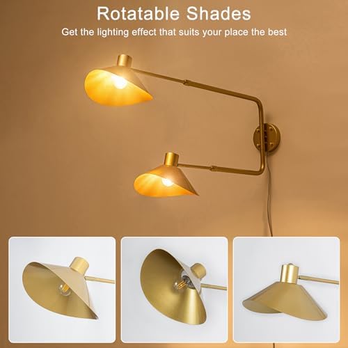 Gold 2-Light Plug-In Swing Arm Wall Sconce