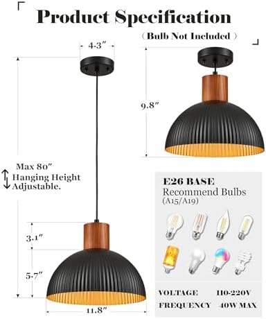 ELYONA 12" Ash Wood Pendant Light, Black Metal