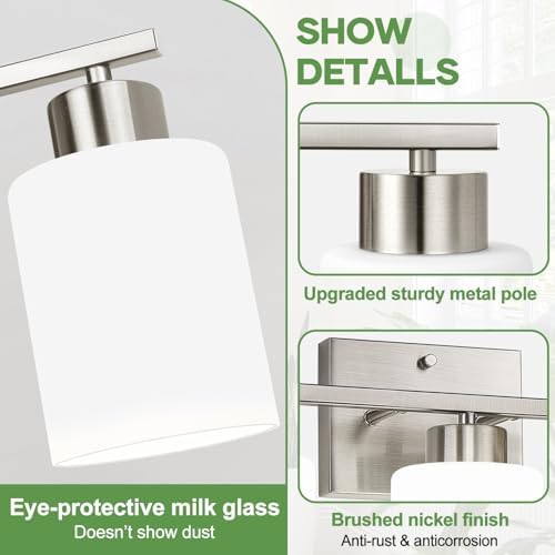 3-Light Brushed Nickel Bathroom Vanity Light with Milk Glass Shades