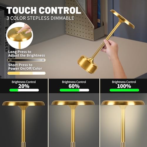 Cordless Rechargeable Metal Table Lamp, 3-Color Dimming
