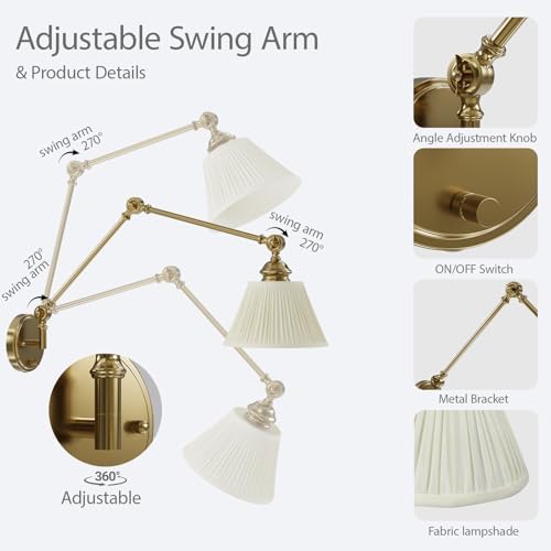 Gold Plug-in Swing Arm Wall Sconces, 2 Pack
