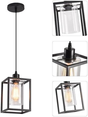 Black Industrial Pendant Light, Clear Glass Shade