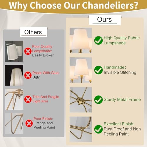 Brass Gold 6-Light Chandelier with Fabric Shade