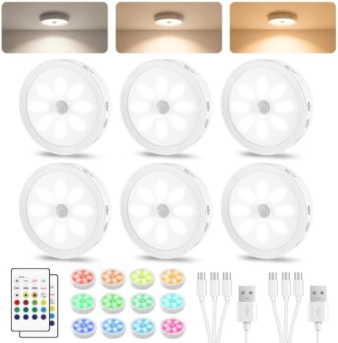6PACK Rechargeable Puck Lights with Remote, White