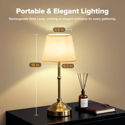 2 Pack Brushed Gold Cordless Table Lamps, 3 Colors