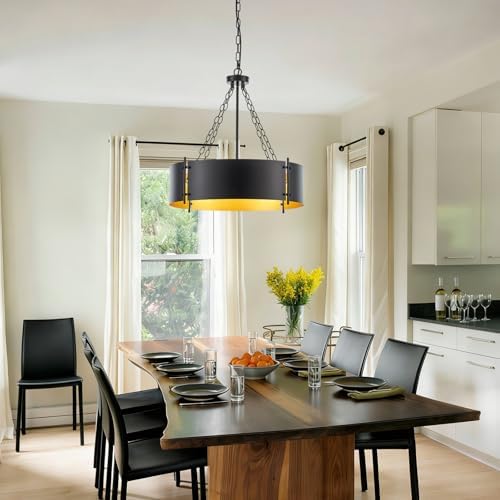 6-Light Black and Gold Drum Chandelier, 23.72"