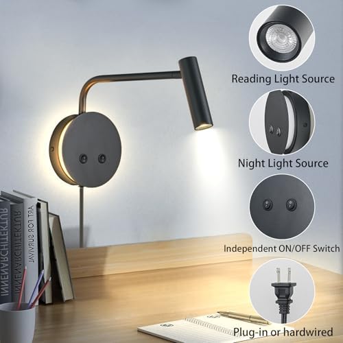 Matte Black Wall-Mounted Reading Light, 3000K