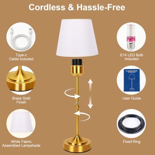 FLY2SKY Rechargeable Gold Cordless Table Lamp,3 Color Dimmable Bedside