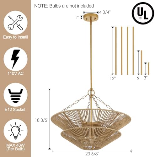 5-Light Gold Rattan Chandelier, Farmhouse Pendant Light