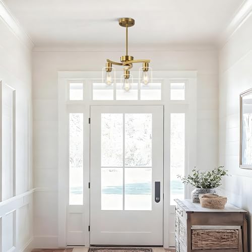 3-Light Brushed Gold Chandelier with Clear Glass Shade