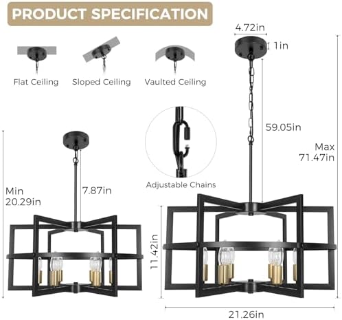 Modern Farmhouse Industrial Metal Pendant Light, Adjustable Height