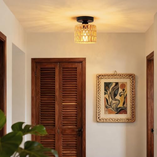 Farmhouse Semi Flush Mount Ceiling Light, 1-Pack, Boho Rattan