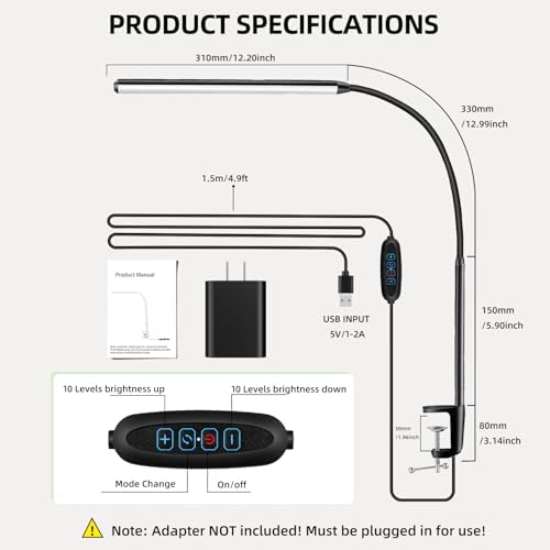 Clip-On Desk Lamp with Clamp, Dimmable Reading Light