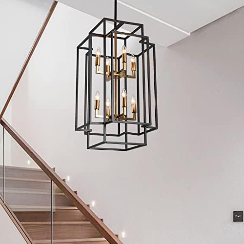 8-Light Black and Gold Tiered Lantern Chandelier