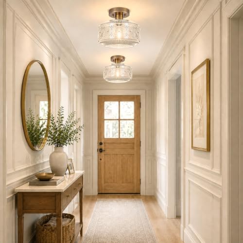 DSMJFU Brass Glass Semi Flush Mount Ceiling Light