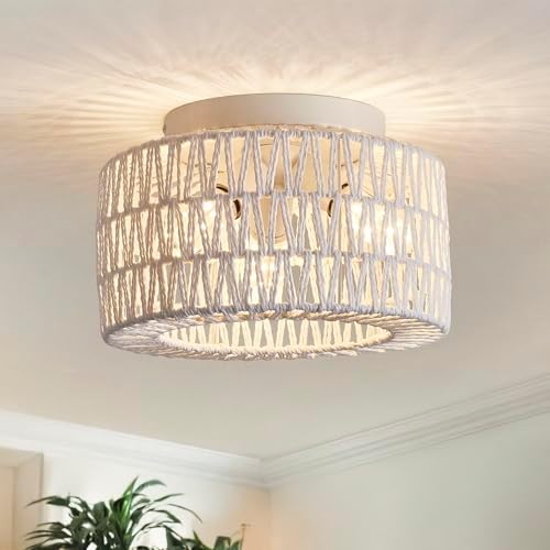 White 3-Light Rattan Flush Mount Ceiling Light